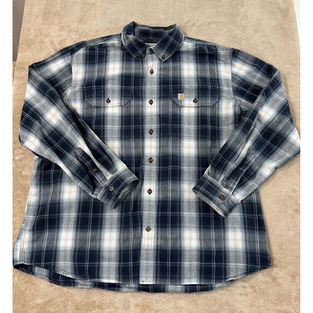 CARHARTT Relaxed Fit Button Down Shirt Men's 2XL Blue Checkered Cotton L/S EUC